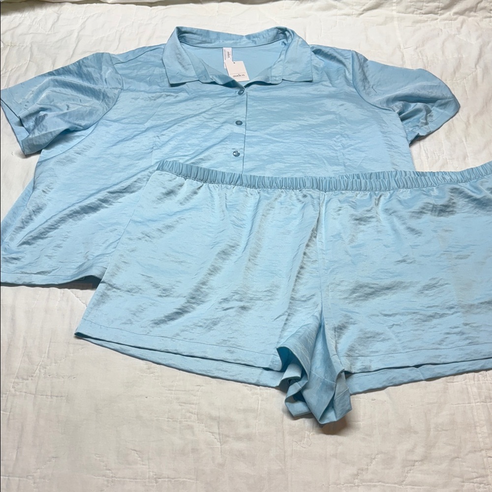 Auden 3X NWT Light Blue Crinkle Loungewear Set - Button-Down‎ Top & Shorts PJS